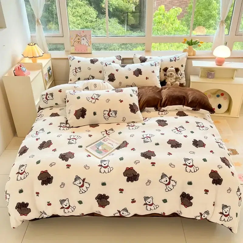 Cream-colored plush duvet cover with brown and white cartoon dogs in decorbites cartoon print bedding set design
