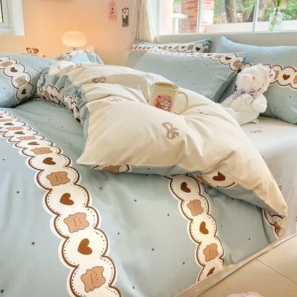 Cute pastel blue and cream decorbites cartoon printed cotton duvet cover with heart and bow pattern edges for bedroom bedding set