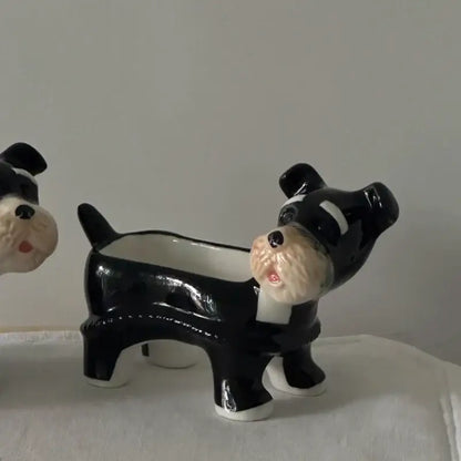 Black and white ceramic cartoon puppy schnauzer planter with glossy finish for dining room decor