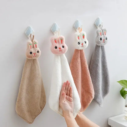 Soft plush cartoon rabbit hand towels in beige white peach and gray made of coral fleece quick dry terry cloth by decorbites cartoon rabbit