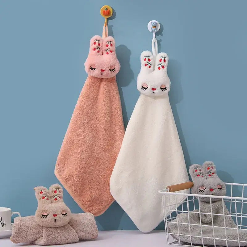 Pink and white plush bunny coral velvet hand towel set with embroidered cherry details for kitchen decorbites cartoon rabbit decor