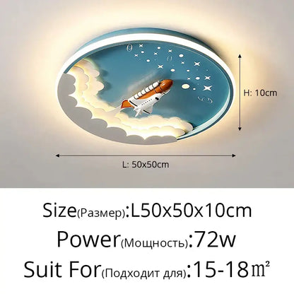 Cartoon rocket led ceiling light featuring an orange and white rocket in a blue space design for bedroom use