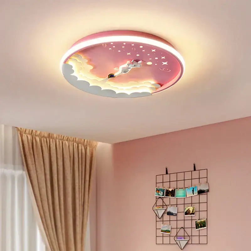 Rounded pink and white led ceiling light with clouds stars and cartoon character for bedroom space design