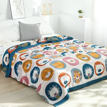 A cozy white decorbites cartoon throw blanket with playful orange blue pink and teal lions and tigers in circles