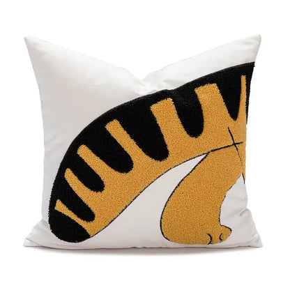 White cotton pillow cover with plush textured orange and black cartoon tiger embroidered decorbites design for bedroom