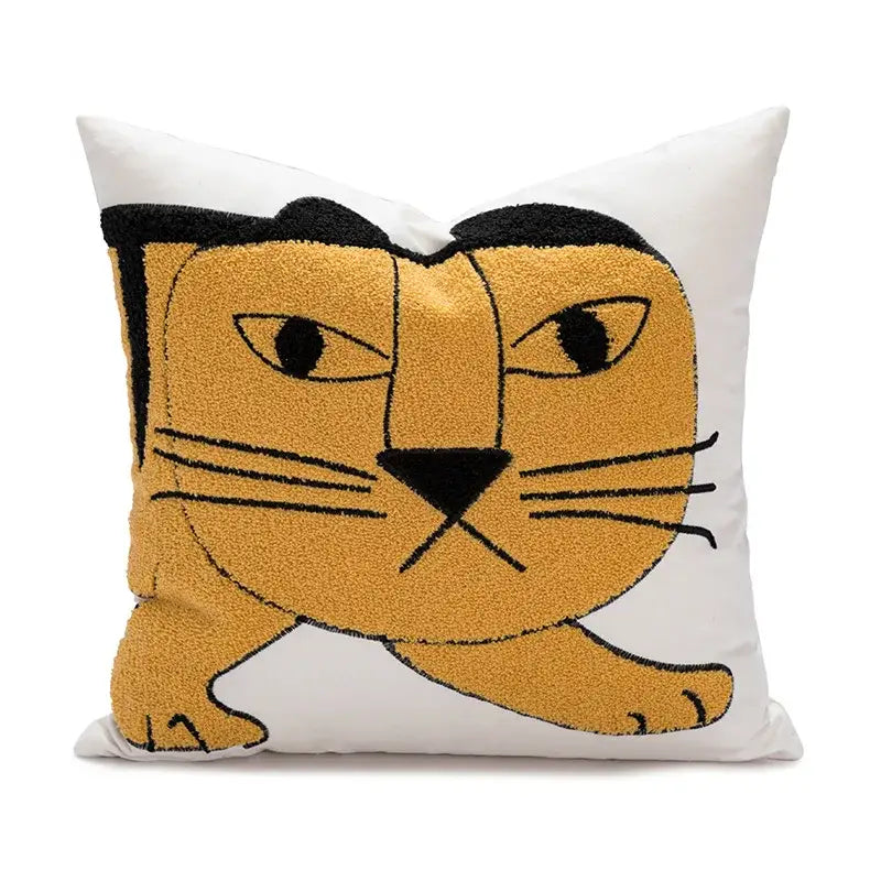 White cotton pillow cover featuring plush textured orange cartoon tiger embroidered face for bedroom decorbites decor