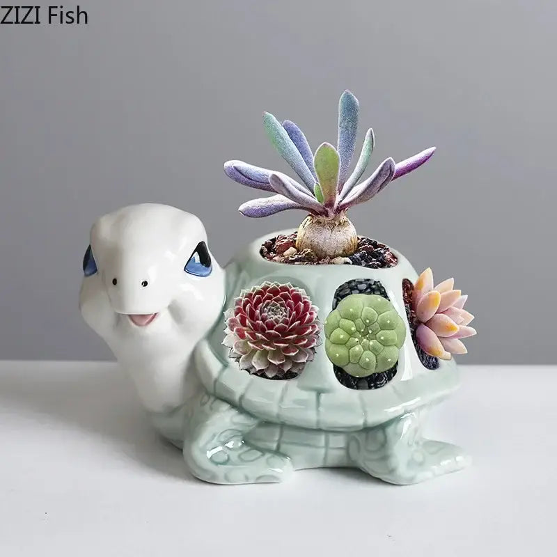Cute white ceramic cartoon turtle planter with blue eyes smiling face and succulents for living room decorbites decor
