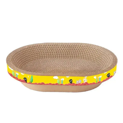 Yellow-bordered oval cat scratch lounge bed with textured brown cardboard surface and cartoon animal illustrations