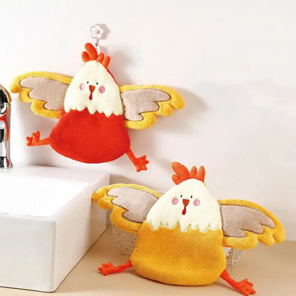 Cute plush chicken-shaped dish drying rack with red yellow body white head coral velvet hand towel decorbites coral velvet cartoon