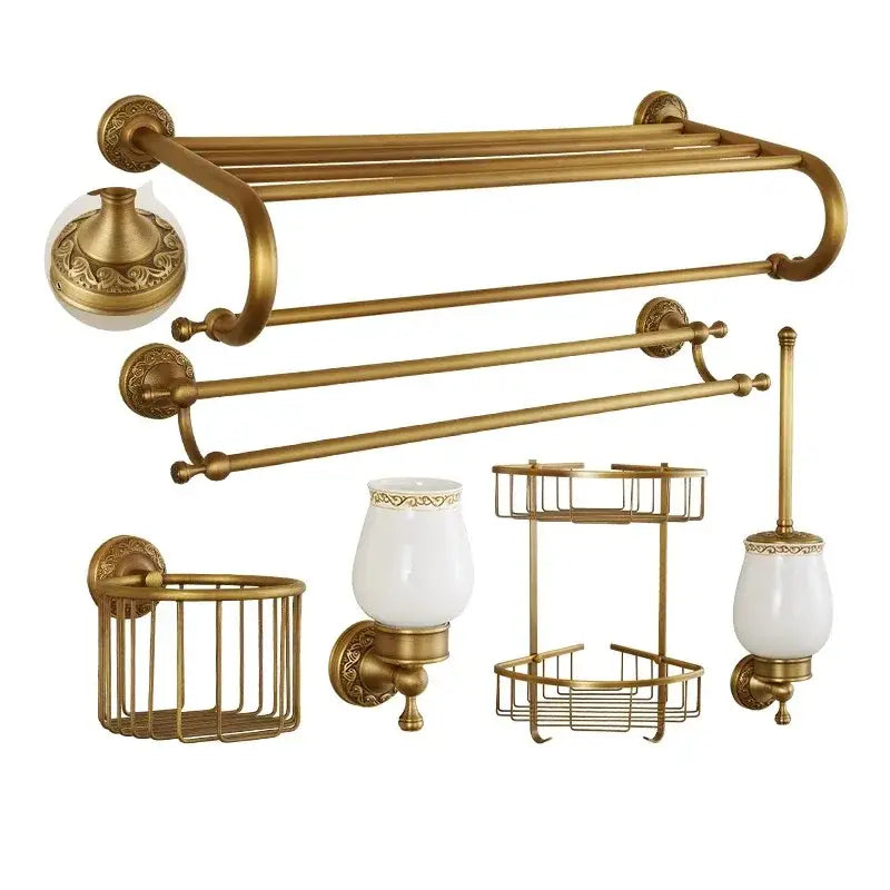 Antique bronze brass bathroom hardware set with carved antique detailing white ceramic accents and wall lamps