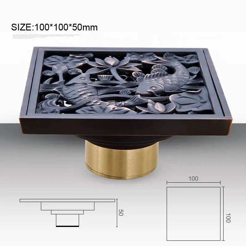 Square bronze-finished floor drain with intricate fish and lotus design on brass base from decorbites black anti-odor collection