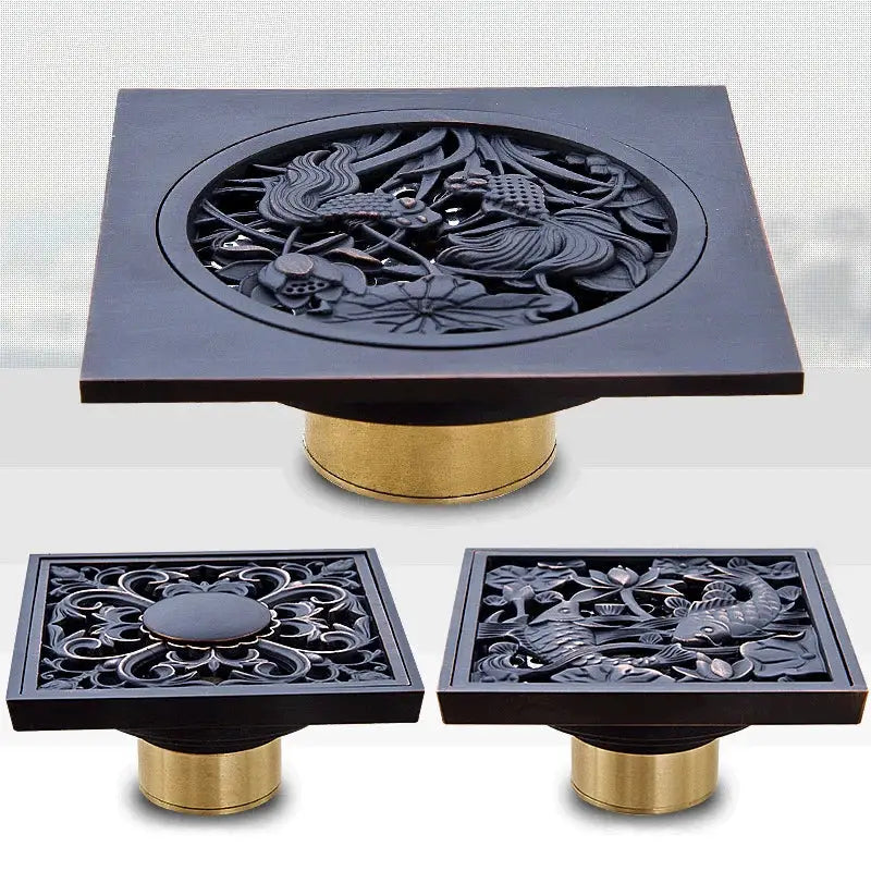 Square black bronze floor drain with intricate carved design and brass base for decorbites black anti-odor use