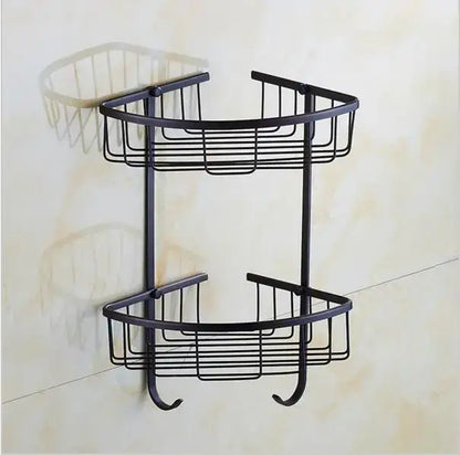 Black metal two-tier corner shower caddy with curved wire mesh shelves and hook ends from decorbites carved flowers blackened copper set