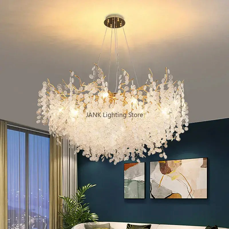 Elegant cascading gold circular crystal chandelier with clear glass orbs by decorbites for living room pendant light