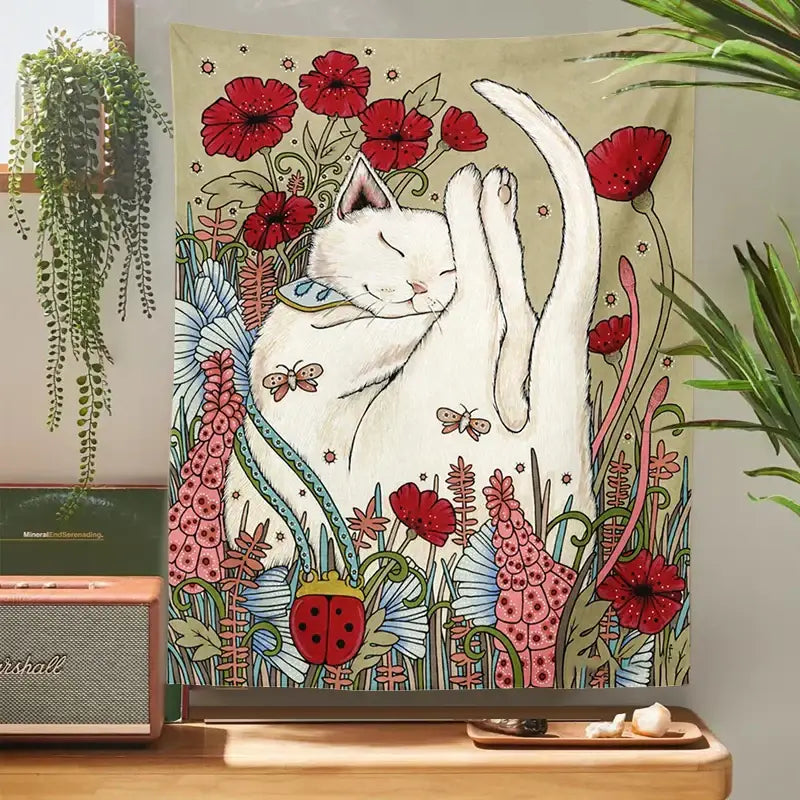 Beige cat botanical flower wall tapestry featuring a sleeping white cat with red poppies and butterflies for bedroom decor