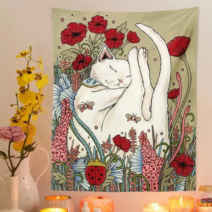 A soft olive-green cat botanical flower wall tapestry with a white cat and vibrant red poppies for bedroom decorbites decor