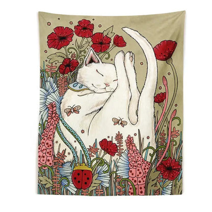 A soft beige cat botanical flower wall tapestry featuring a serene white cat and red poppies for bedroom decor