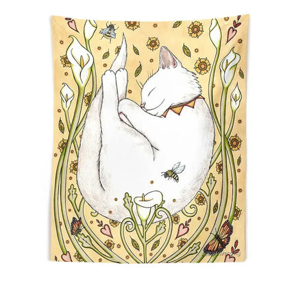 Cream-colored cat botanical flower wall tapestry featuring a serene white cat asleep with floral vines for bedroom decor