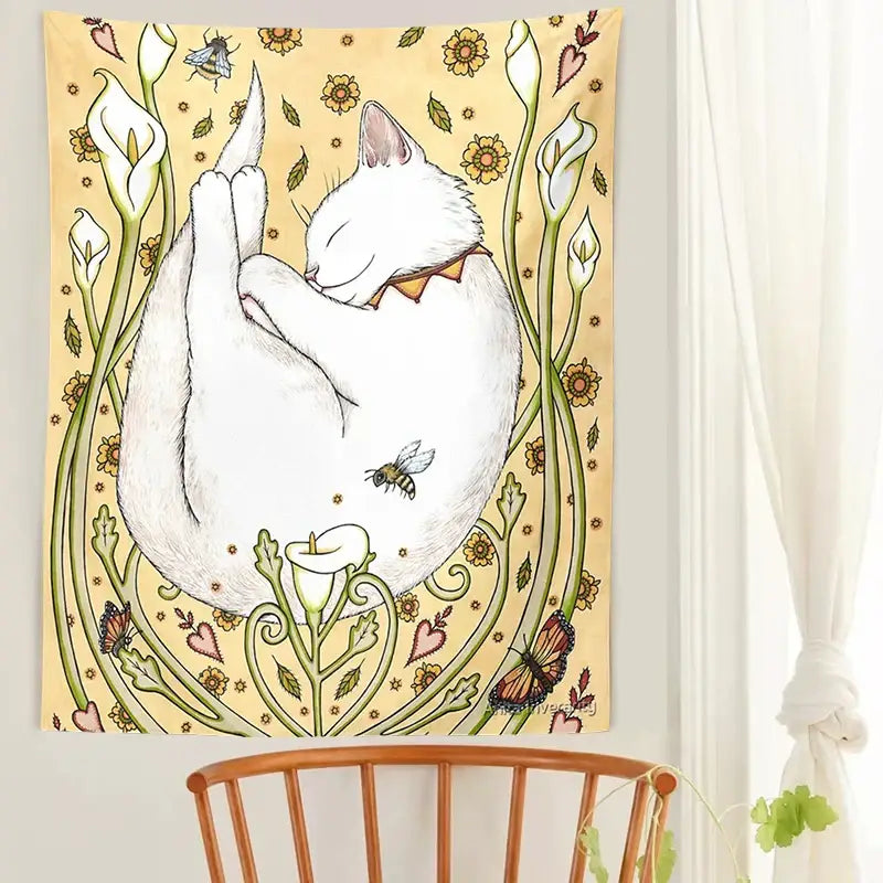 A cream cat botanical flower wall tapestry with a sleeping white cat in a garden for decorbites cat botanical decor
