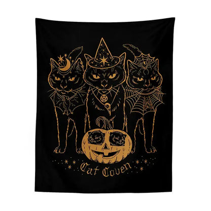 Black decorbites cat coven witchcraft tapestry with gold foil cats and pumpkin for bedroom wall art
