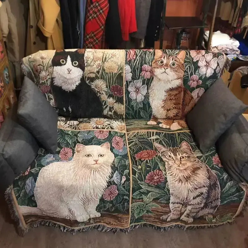 A cozy cat sunflower knitted four-panel tapestry sofa cover with embroidered cats and floral decorbites cat sunflower design