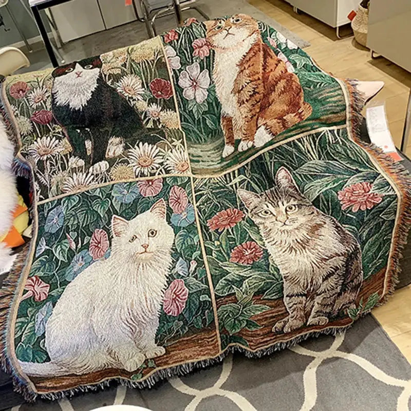 A decorbites cat sunflower knitted sofa cover featuring four embroidered cats in a garden with floral patterns and fringe