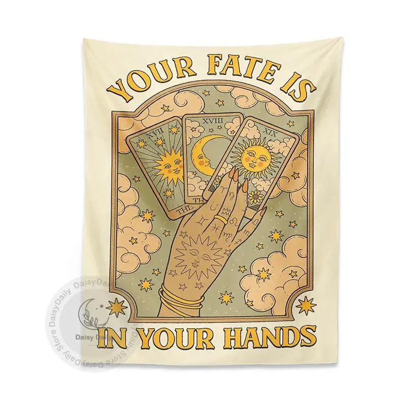 Cream cat tarot tapestry with moon sun aesthetic design of hand holding tarot cards for bedroom wall decorbites decor