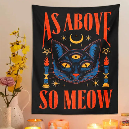 Black cat tarot tapestry wall hanging with three yellow eyes and orange text for bedroom decorbites cat tarot decor
