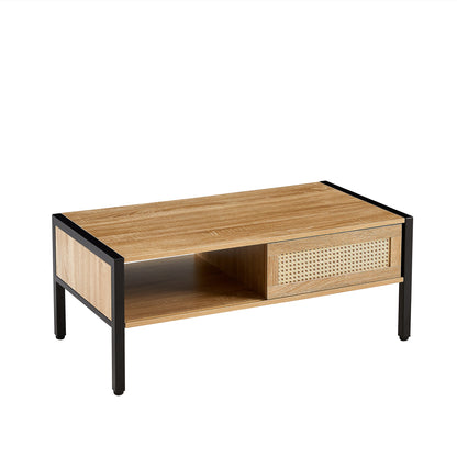 Rattan Coffee Table Metal Legs Modern Table Sliding Door For Storage