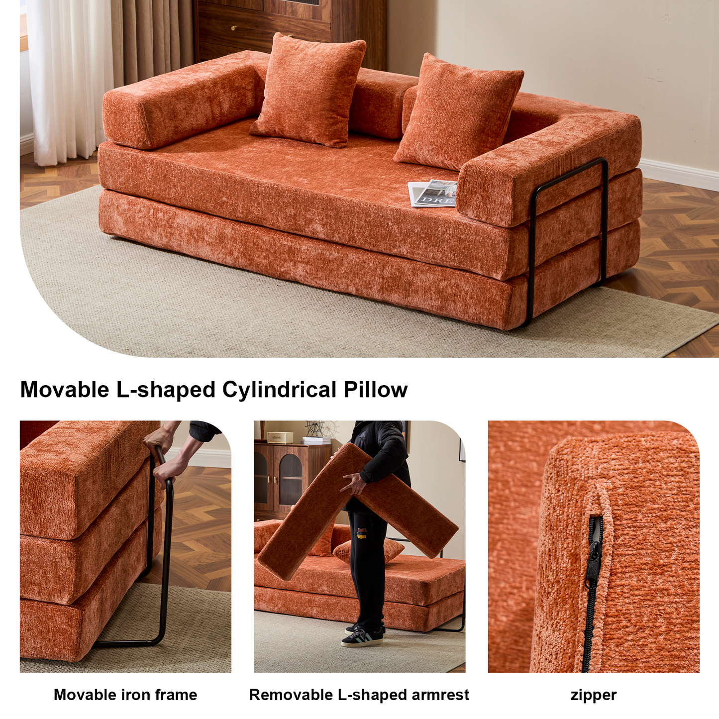 Boden-Couch, Kompressions-Sofa, Umwandelbares Boden-Sofa-Bett – mit Kissen-Rückenlehne und Armlehne, Bequeme Futon-Couch-Liege-Schlafsofa, Chenille-Stoff, für Wohnzimmer und Schlafzimmer, Orange