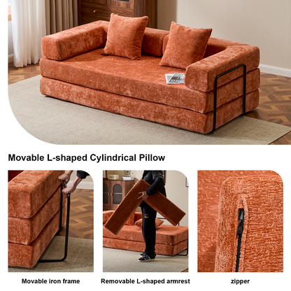 Boden-Couch, Kompressions-Sofa, Umwandelbares Boden-Sofa-Bett – mit Kissen-Rückenlehne und Armlehne, Bequeme Futon-Couch-Liege-Schlafsofa, Chenille-Stoff, für Wohnzimmer und Schlafzimmer, Orange