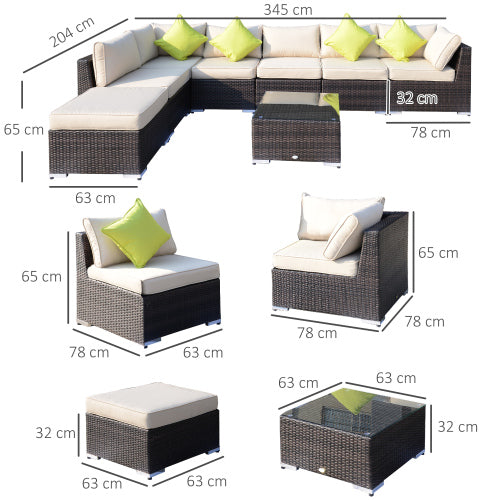 Outsunny 8-teiliges PE-Rattan-Ecksofa-Set mit dicken Polstern, Aluminium-Außentisch-Rattan-Gartenmöbel-Set mit Glasplattentisch, keine Montage erforderlich, gemischtes Braun