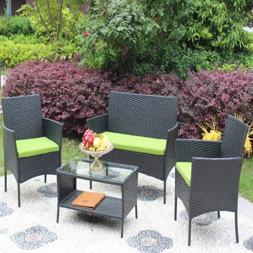 4er-PC-Rattan-Patio-Möbel-Set für den Außenbereich mit gepolsterten Sitzen Korbsofa mit grünem Polster