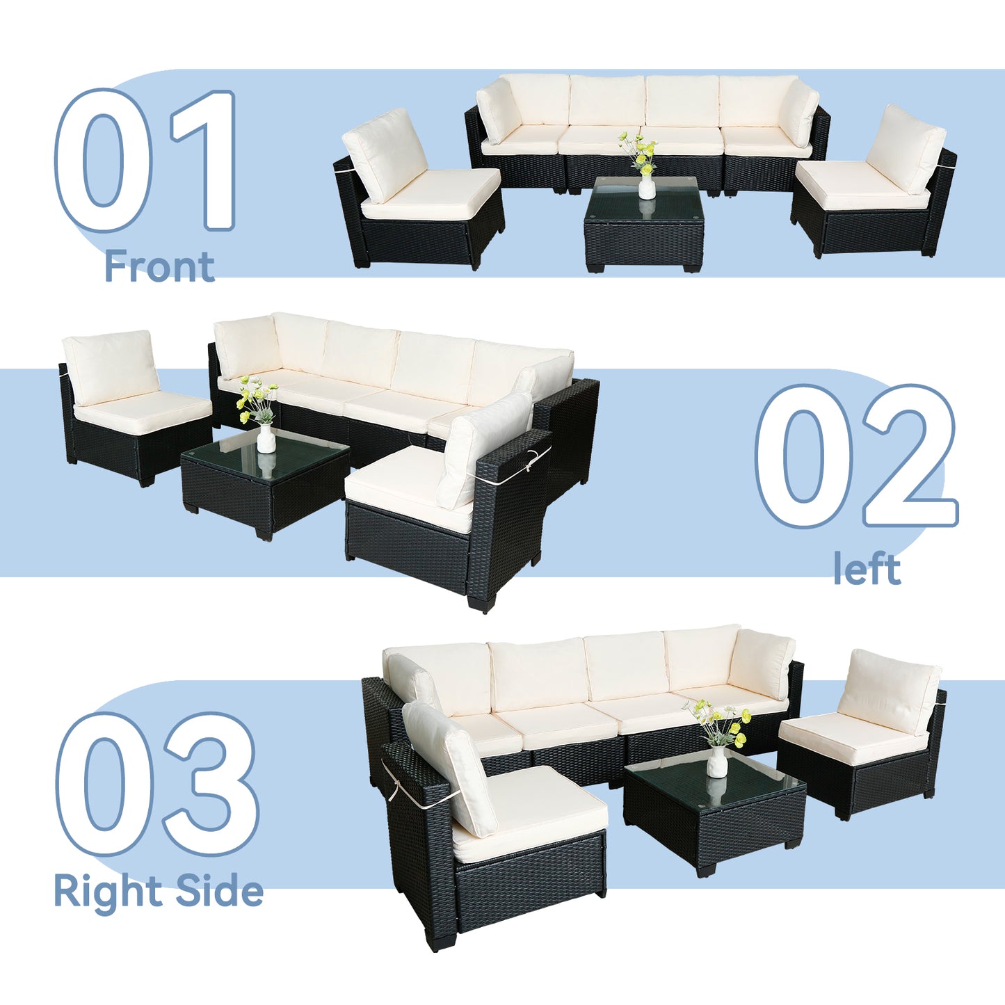 Beliebtes Siebenteiliges Sofasofa-Set mit Tisch, Sofa-Sessel, Schwarzes PE-Rattan, Outdoor, Neues Design Möbel 7-JH002 Kiste 3-1-2-3 mit Weißem Farbigen Kissen