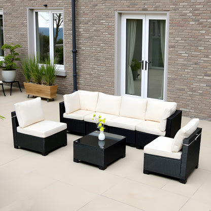 Beliebtes Siebenteiliges Sofasofa-Set mit Tisch, Sofa-Sessel, Schwarzes PE-Rattan, Outdoor, Neues Design Möbel 7-JH002 Kiste 3-1-2-3 mit Weißem Farbigen Kissen