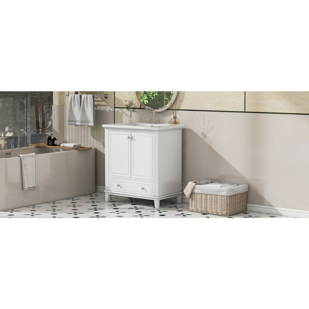 30-Zoll-Badwaschtisch mit Waschbecken-Kombination, Multifunktionaler Badezimmerschrank mit Türen und Schublade, Solider Rahmen und MDF-Platte, Weiß