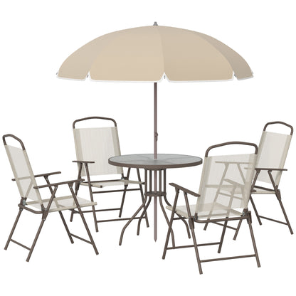 6-teiliges Terrassen-Essenservice mit Sonnenschirm, Klappstühlen und Glastisch, Beige – Aufbau für Mahlzeiten im Freien