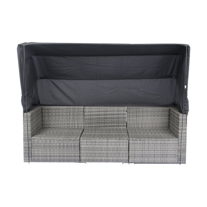 7-teiliges Terrassen-Set mit ausziehbarem Sonnendach Korbgeflecht-Rattan-Sofagarnitur