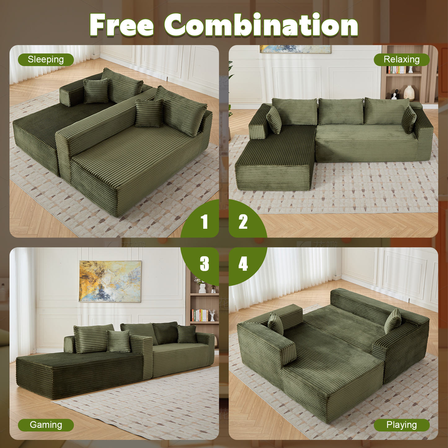 Kompressions-Sektionale Couch mit bequemer Chaise, knochenlose L-förmige Sofa mit tiefem Sitz, minimalistisches modulares Couch-Sofa als Schlafcouch für Wohnzimmer, Schlafzimmer, Apartment und Lounge, Corduroy, Grün