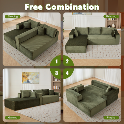 Kompressions-Sektionale Couch mit bequemer Chaise, knochenlose L-förmige Sofa mit tiefem Sitz, minimalistisches modulares Couch-Sofa als Schlafcouch für Wohnzimmer, Schlafzimmer, Apartment und Lounge, Corduroy, Grün