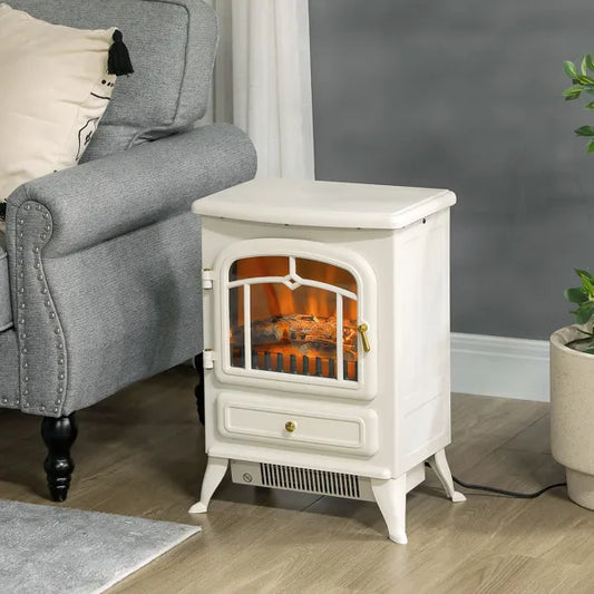 22" Elektro-Kaminheizung, freistehender Kaminofen mit realistischen LED-Flammen und Scheiten sowie Überhitzungsschutz, 750 W/1500 W, Beige