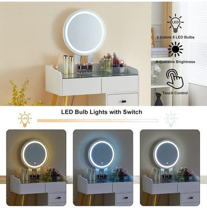 Frisiertisch mit LED-Lichtern Glasplatte Frisiertisch mit ausziehbarem Seitentisch 5 Schubladen Frisiertisch mit Spiegel und Hocker für das Schlafzimmer