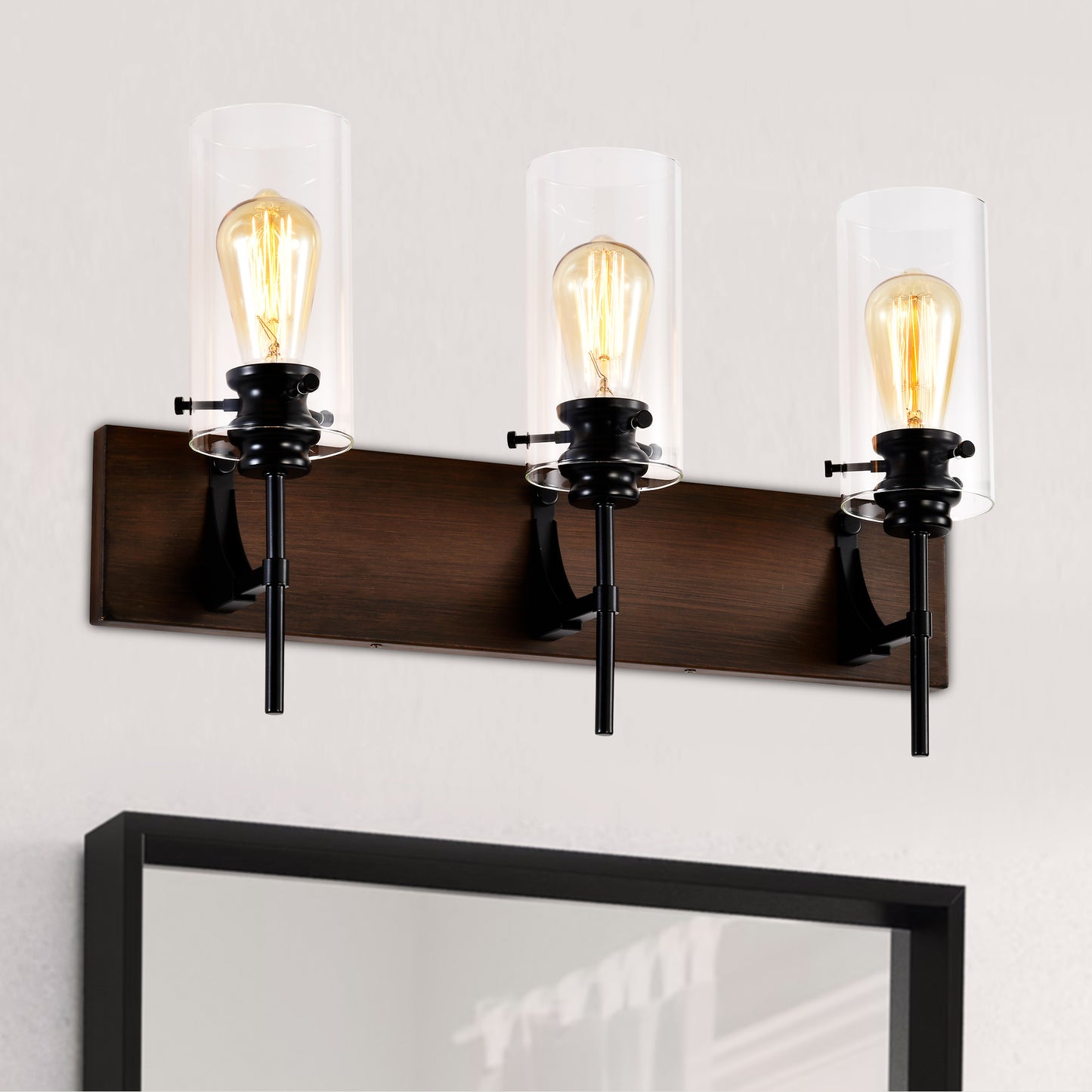 3-Lichtiges mattschwarzes Holzfarbenes Badezimmerleuchten-Set, moderne Waschtischleuchten mit Glasschirm, vintage Badezimmerleuchte über dem Spiegel Wandlichter für Küche, Esszimmer, Schlafzimmer, Flur