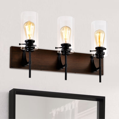 3-Lichtiges mattschwarzes Holzfarbenes Badezimmerleuchten-Set, moderne Waschtischleuchten mit Glasschirm, vintage Badezimmerleuchte über dem Spiegel Wandlichter für Küche, Esszimmer, Schlafzimmer, Flur