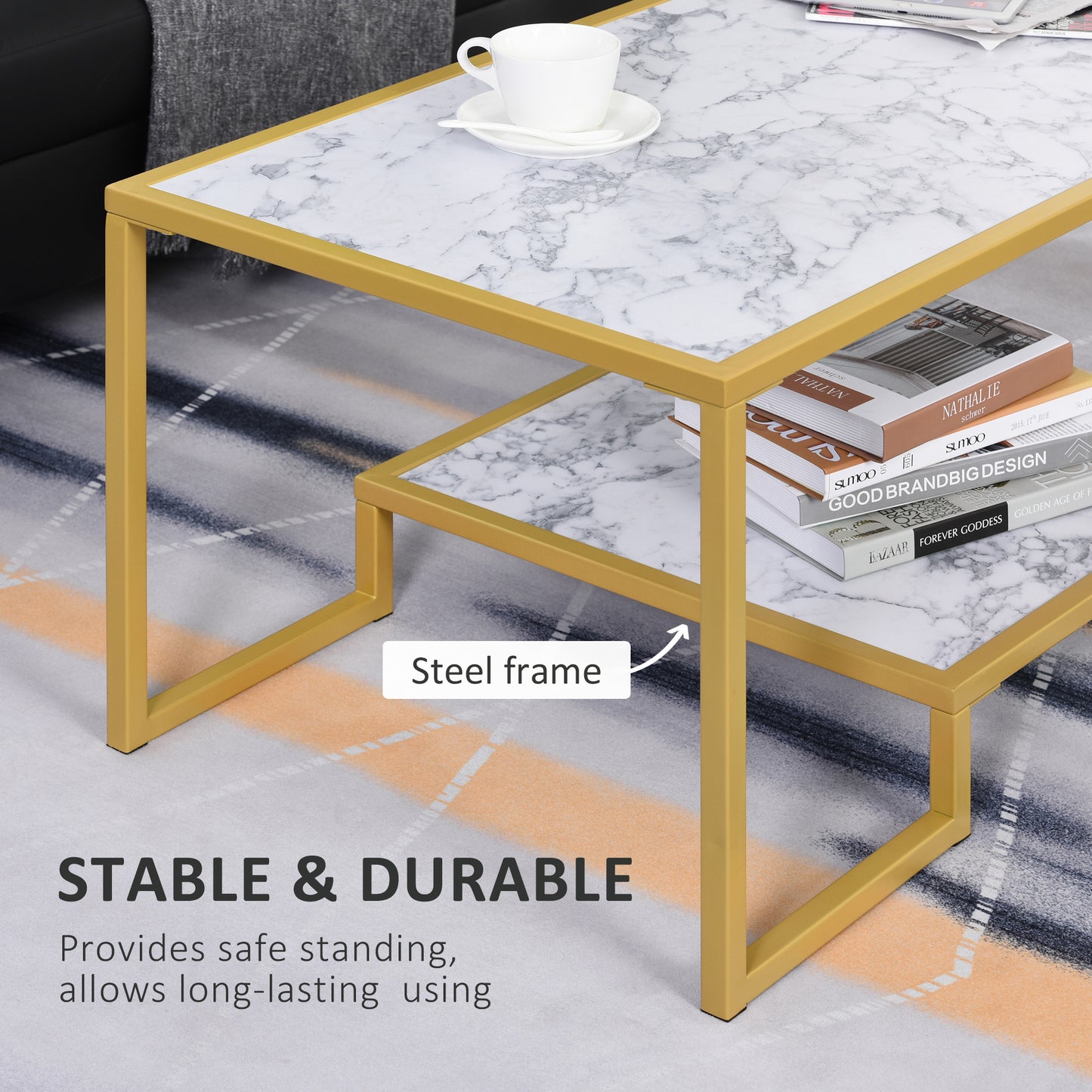 Minimalist Art Deco Coffee Table with Laminate Marble Print Table Top & Underneath Storage Shelf