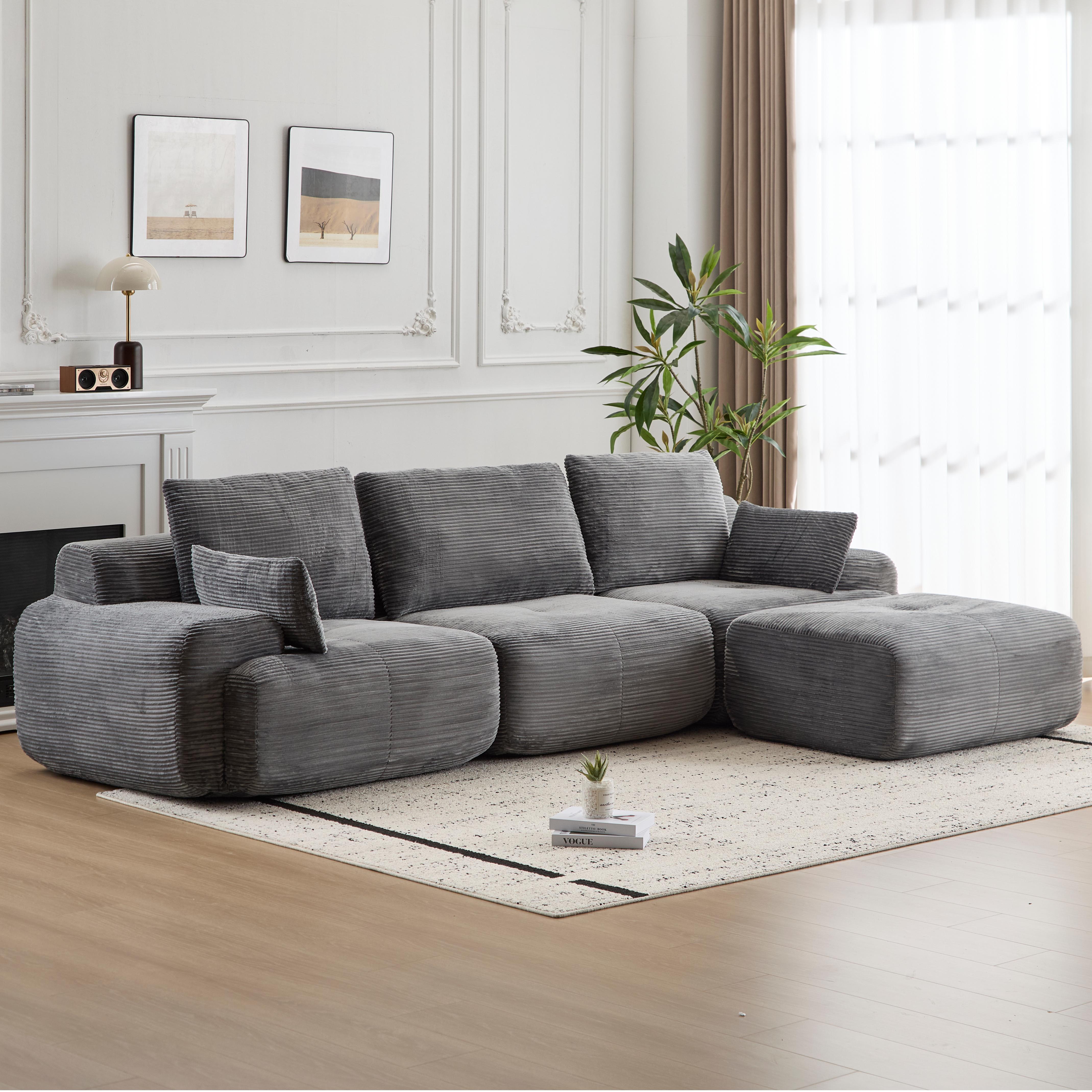 Moderne Kompressions-Matratzen-Sofa, Große Ecksofas für das Wohnzimmer, Haustierfreundliches Wolkenmodulares Ecksofa, Kordstoff, Extra Tiefes Zweiersofa, Keine Montage erforderlich, GRAU