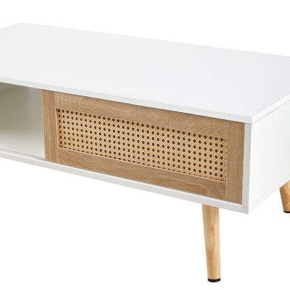 Rattan Couchtisch mit Schiebetür und massiven Holzbeinen - Modernes Wohnzimmer