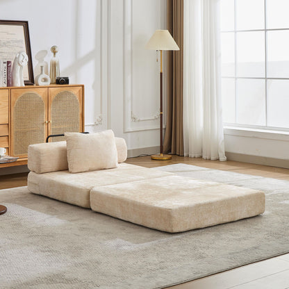 Kompressions-Sofa, Umklappbares Boden-Sofa-Bett mit feststehendem Rahmen, Einzelner Sitzplatz ohne Knochen modularer Sektionssofa, Keine Montage erforderlich, Chenille-Stoff, für Wohnzimmer und Schlafzimmer, Beige