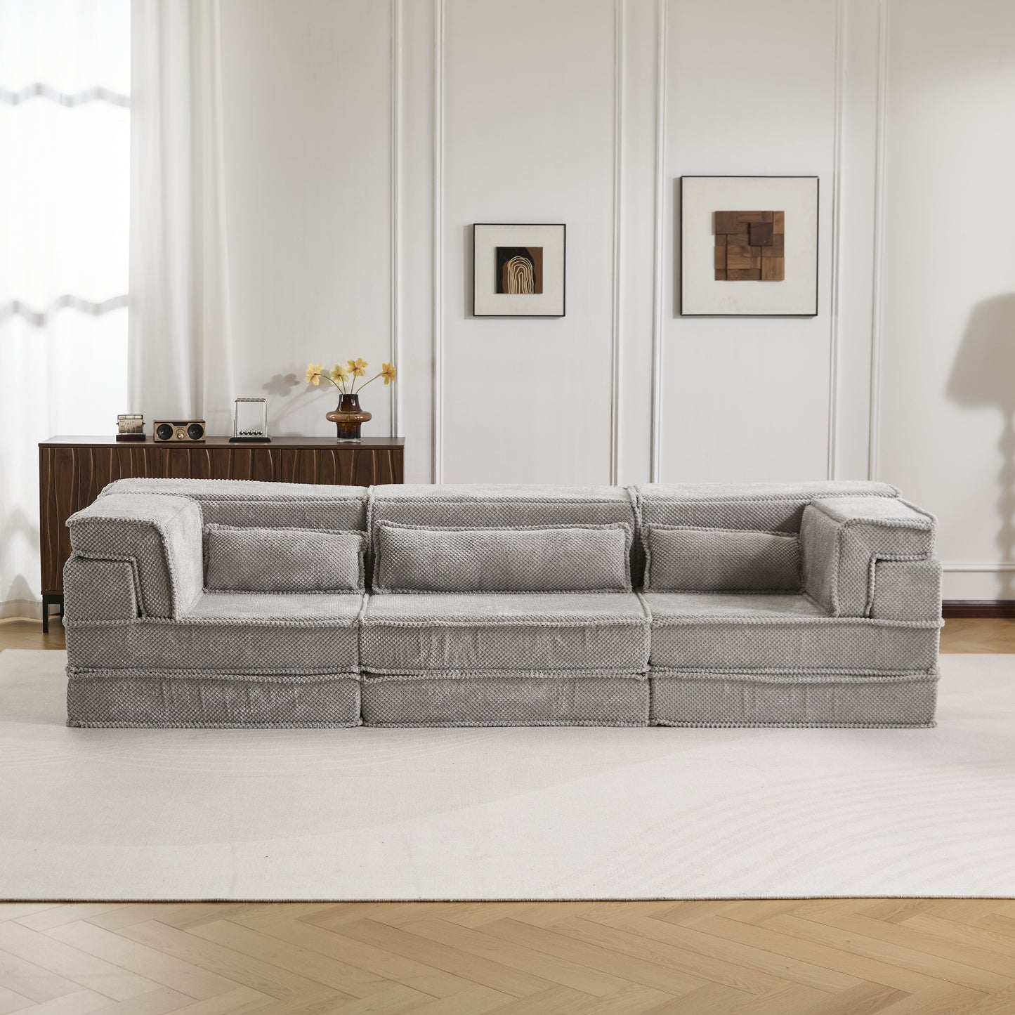 Kompressions-Mahjong-Sofa, umklappbares Boden-Sofabett, DIY knochenloses modulares Sektionssofa, keine Montage erforderlich, Kreis-Fleece-Stoff, überdimensioniertes 3-Sitzer-Sofa mit 3 Kissen, Hellgrau
