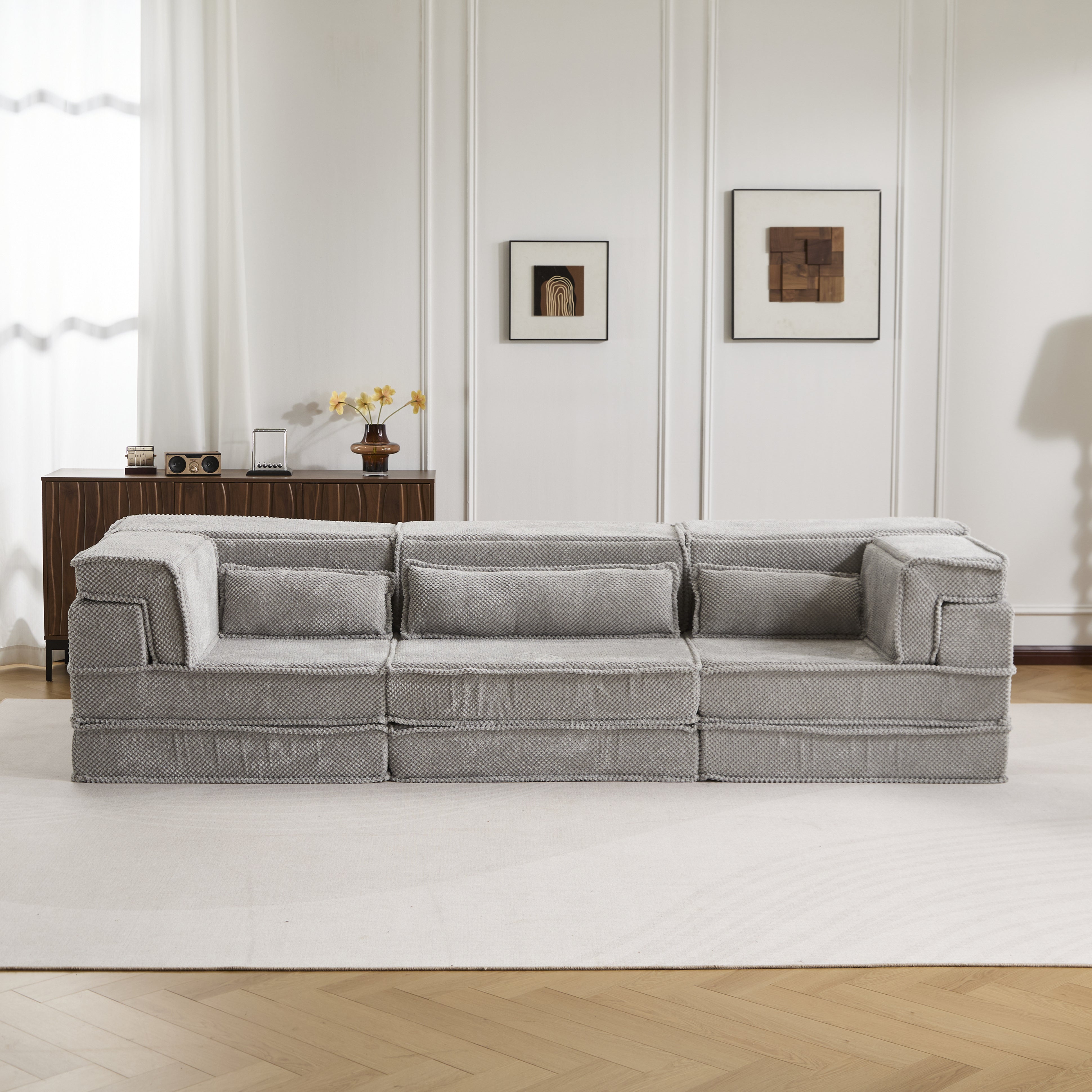 Kompressions-Mahjong-Sofa, umklappbares Boden-Sofabett, DIY knochenloses modulares Sektionssofa, keine Montage erforderlich, Kreis-Fleece-Stoff, überdimensioniertes 3-Sitzer-Sofa mit 3 Kissen, Hellgrau